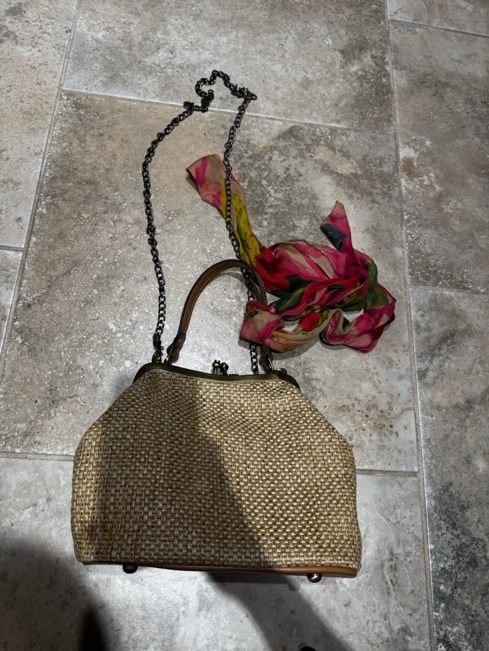 Patricia Nash Woven Straw Crossbody Bag with Pink Floral Scarf
